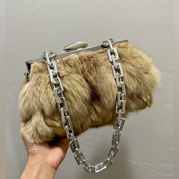 Natural Genuine Fox Fur Handmade Push Lock Clutch/Shoulder Bag/Crossbody - Picture 4 of 16